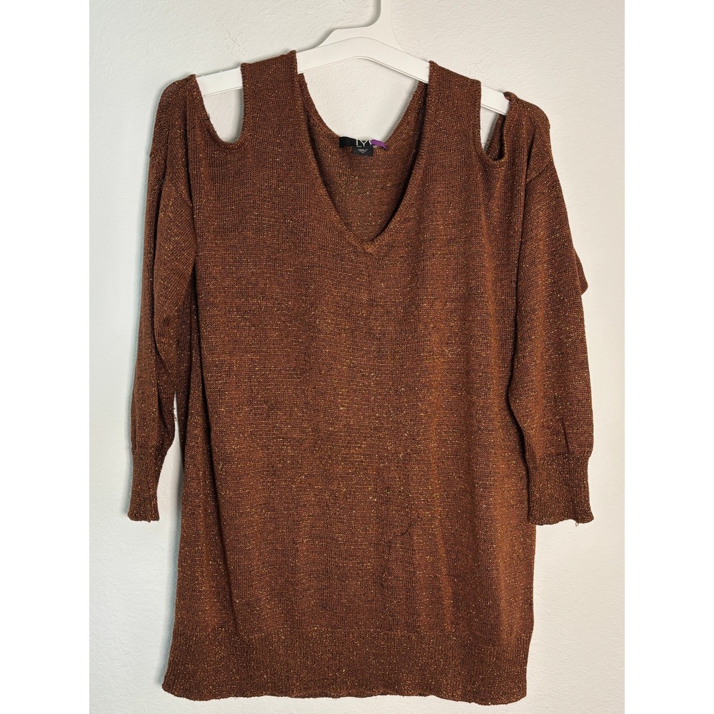 Lysse Womens 1X Brown Metallic Cold Shoulder V-Neck Knit Sweater Top Plus Size